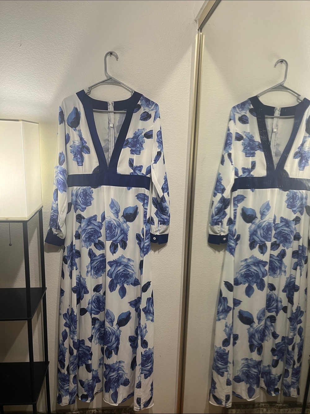 Blue Floral V-Neck Long Sleeve Maxi Dress, Unlined
